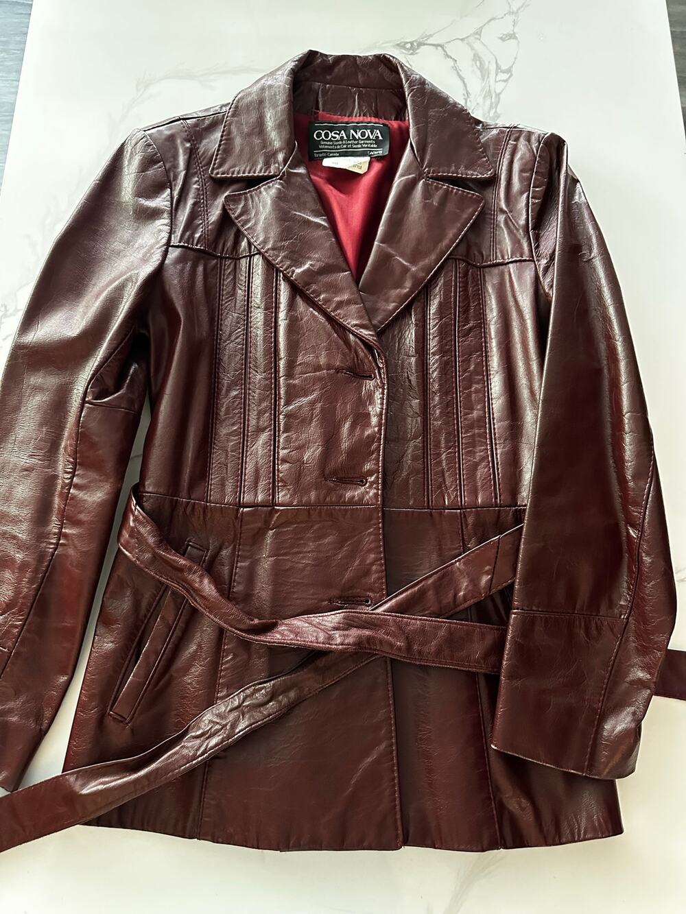 VTG 70s Cosa Nova Burgundy Leather Belted Coat Jacket Size 10 18 P2P Oxblood